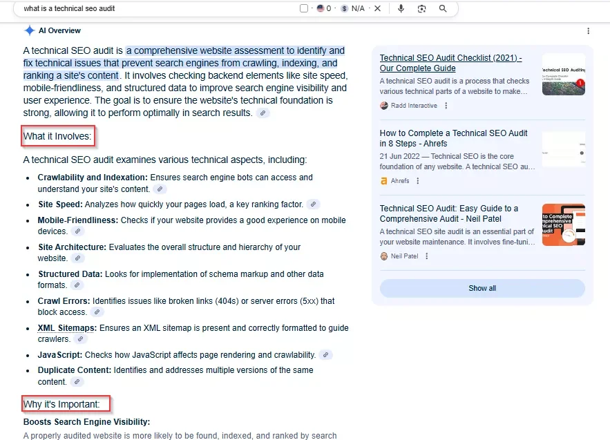 Capture d'écran montrant les sous-sections dans les aperçus IA