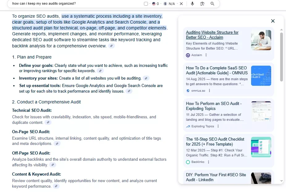 Capture d'écran montrant les aperçus IA