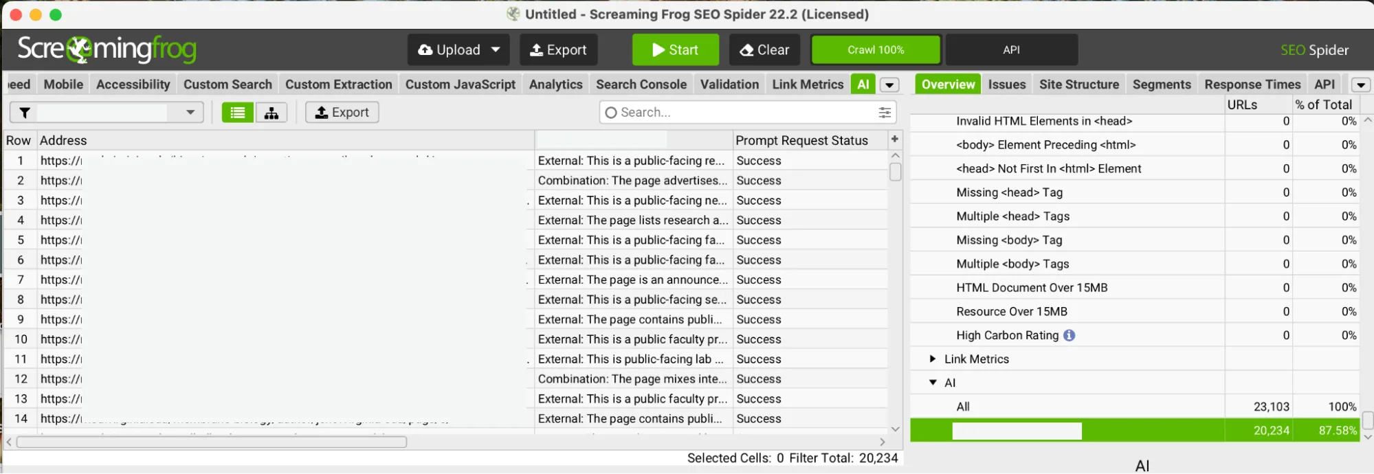 Screaming Frog AI page classification audit showing INTERNAL and EXTERNAL labels with explanations across thousands of crawled URLs
