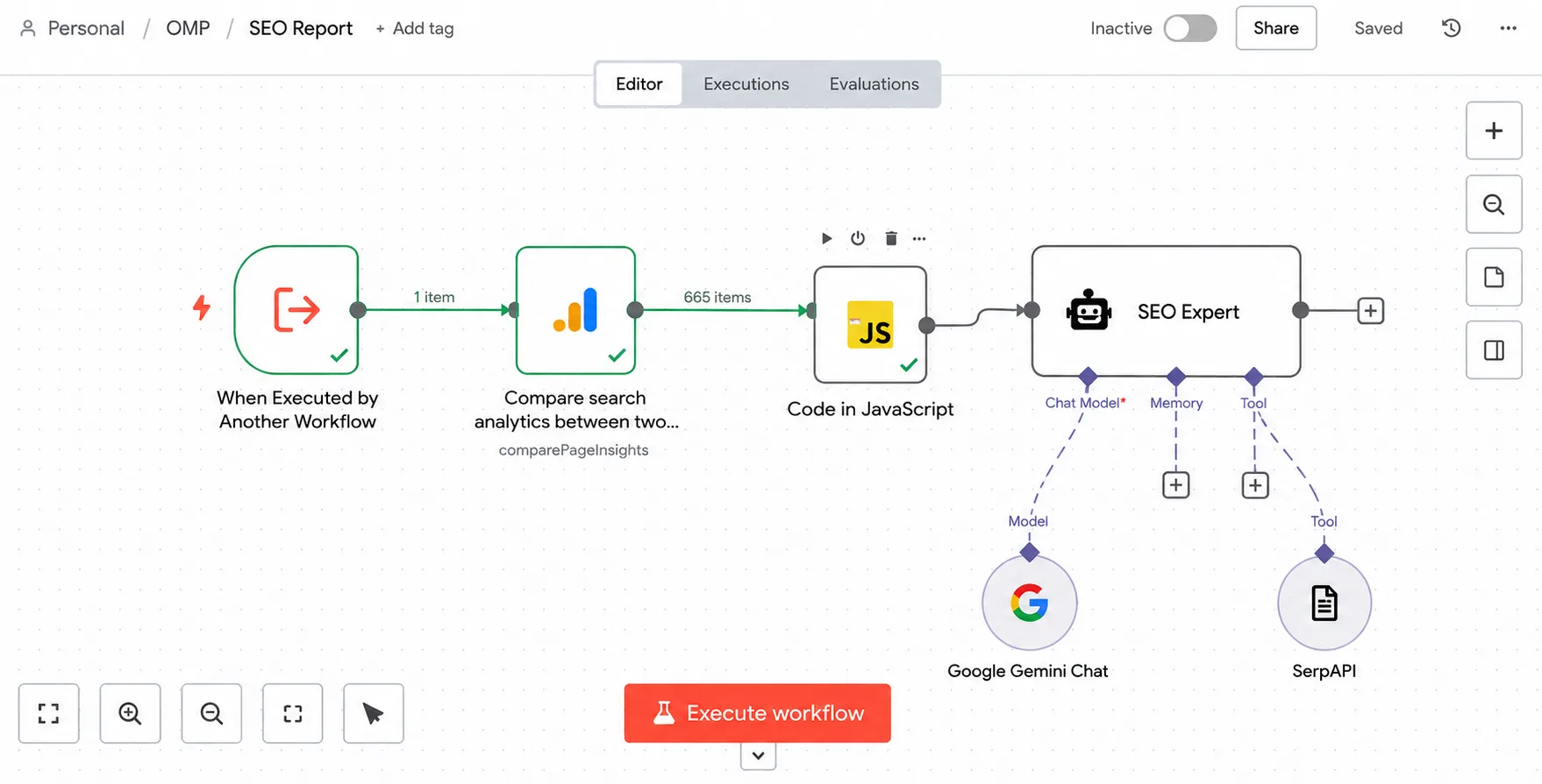 n8n workflow that pulls Google Search Console data, compares two periods, processes it in JavaScript, and feeds an SEO Expert agent powered by Gemini and SerpAPI
