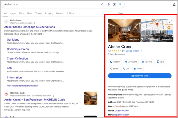 Capture d’écran du panneau de connaissances du restaurant Atelier Crenn avec des avis, des photos et les coordonnées.