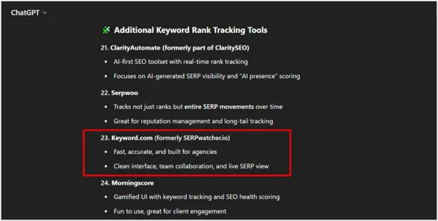 ChatGPT response highlighting Keyword.com as a top keyword rank tracking tool with agency features.