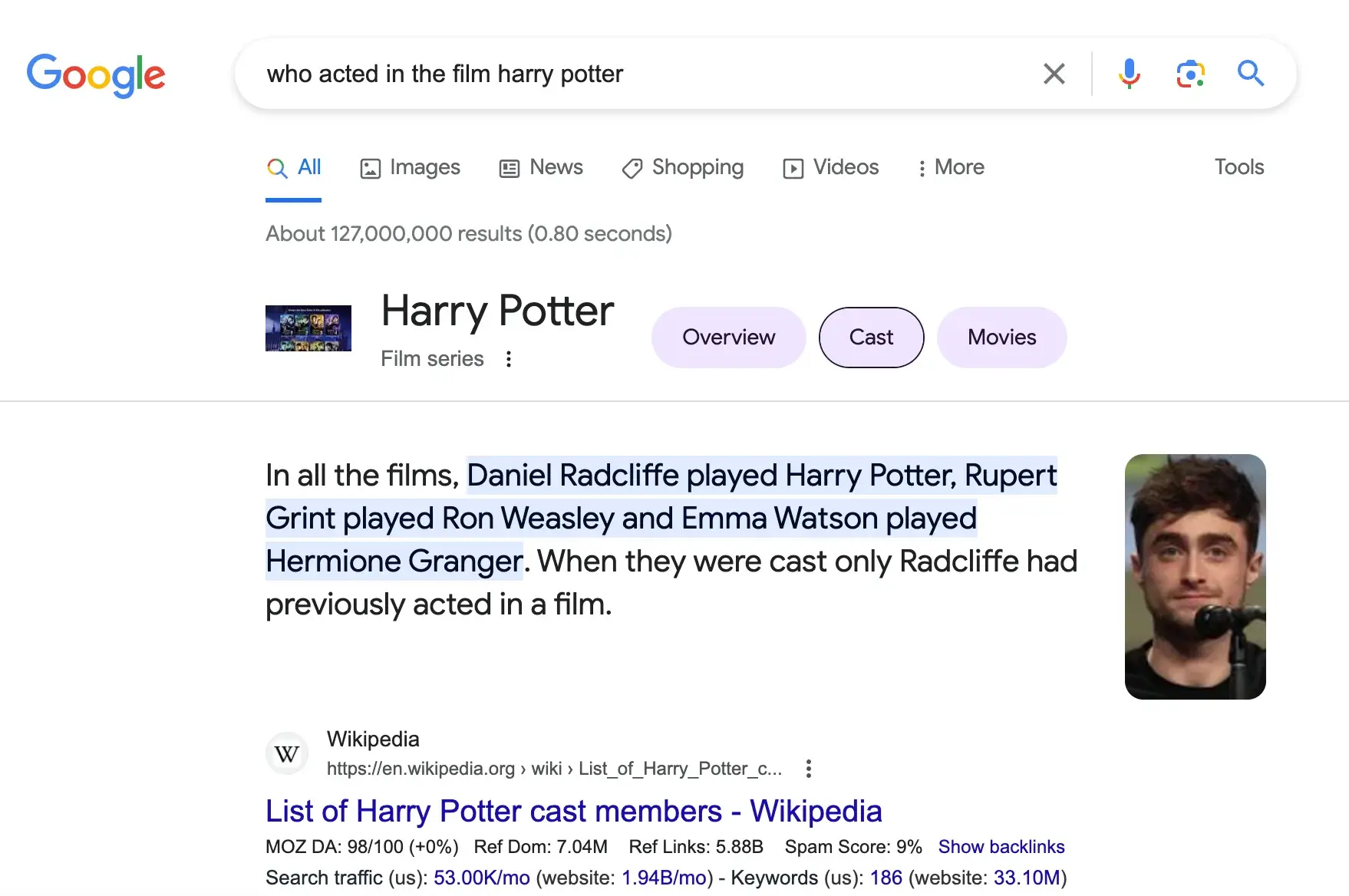 Recherche Google Harry Potter
