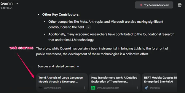 Le résultat de l’IA de Google Gemini, y compris les sources citées pour les informations liées au LLM