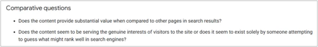 Questions comparatives de Google pour évaluer si le contenu offre une valeur unique par rapport aux autres pages