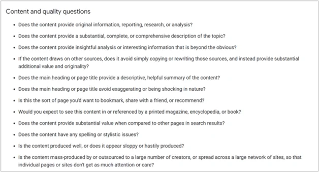 Capture d’écran de la liste de contrôle du contenu et de la qualité de Google utilisée pour évaluer l’utilité et l’originalité.