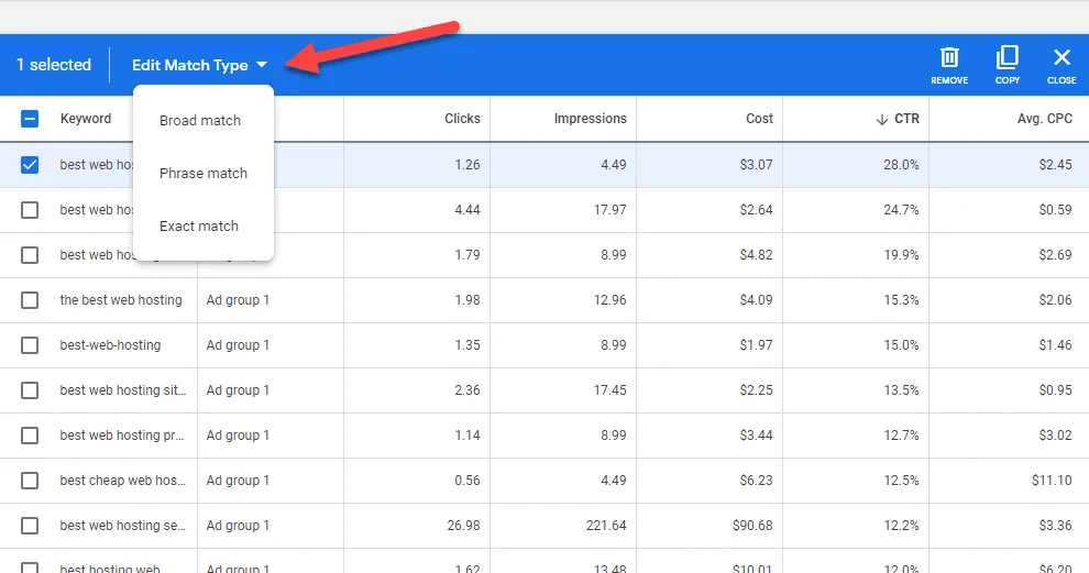 google keyword planner match type