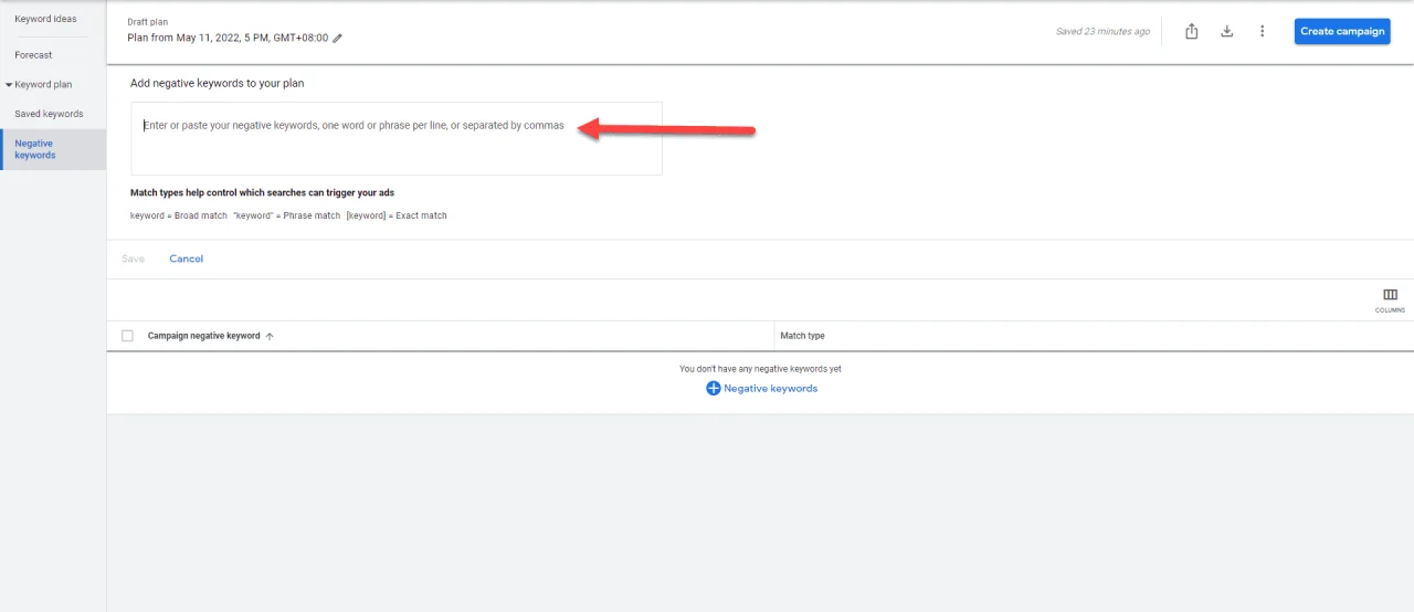 google keyword planner negative keywords