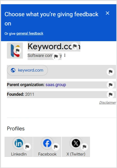 Panneau de connaissances Google avec des champs modifiables mis en évidence pour fournir des commentaires sur les informations de l’entreprise