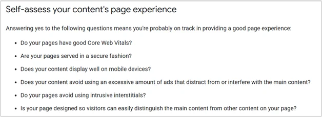 Capture d’écran de la liste de contrôle de Google pour évaluer l’expérience de la page d’un site Web, des facteurs tels que les Core Web Vitals et les interférences publicitaires.