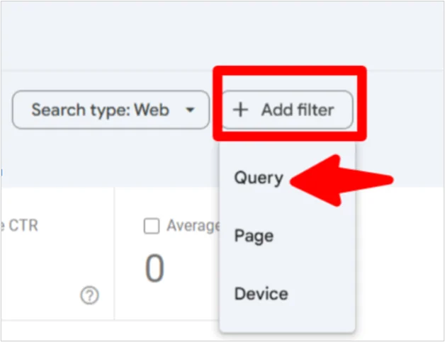 Capture d’écran de l’interface de la Google Search Console montrant comment ajouter un filtre de requête sous Type de recherche.