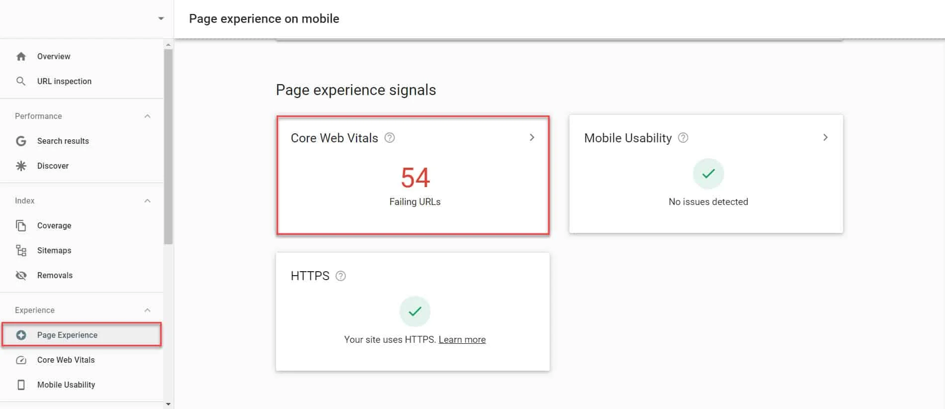 Experiencia de página en GSC