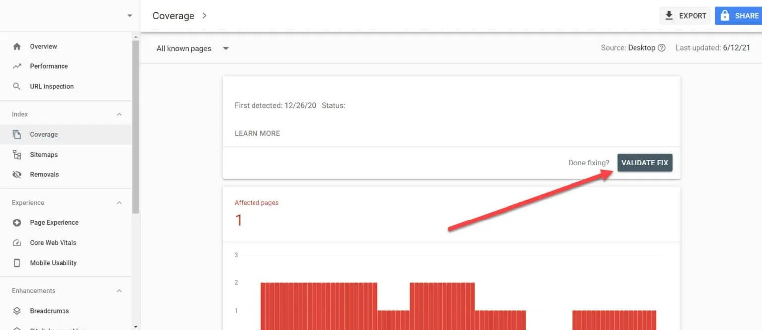 Botón Validar corrección de Search Console