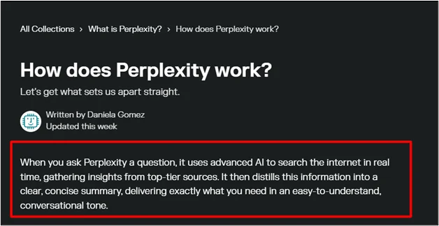 Perplexity AI expliquant sa méthode d’agrégation de sources de premier plan en réponses concises et conversationnelles.