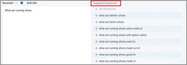 Keyword.com interface affichant des suggestions de mots-clés générées par l’IA pour la requête « Que sont les chaussures de course ».