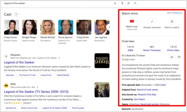 Panneau de connaissances Google pour l’émission « Legend of the Seeker » affichant les acteurs, la vue d’ensemble et les options de visionnage.
