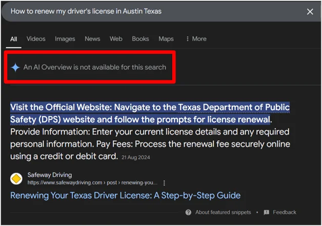 Le résultat de recherche Google pour savoir comment renouveler un permis de conduire à Austin, Texas affiche un message indiquant que l’aperçu de l’IA n’est pas disponible.