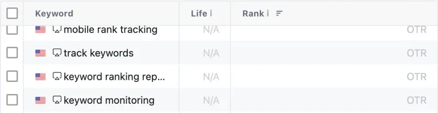 Keyword.com keyword table showing several tracked keywords with an OTR (outside tracked range) ranking status.