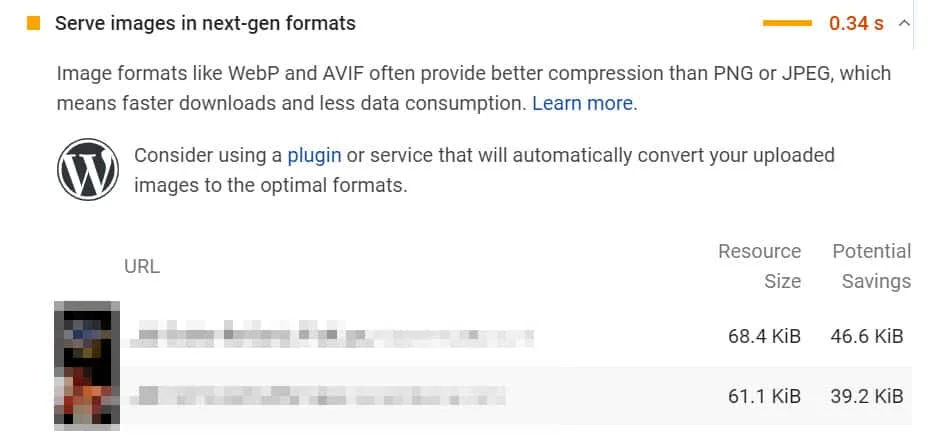 PageSpeed Insights - servir imágenes en formatos de nueva generación