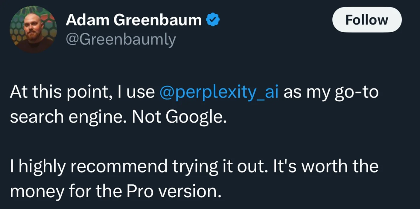 Tweet from a user stating they use Perplexity AI as their go-to search engine instead of Google
