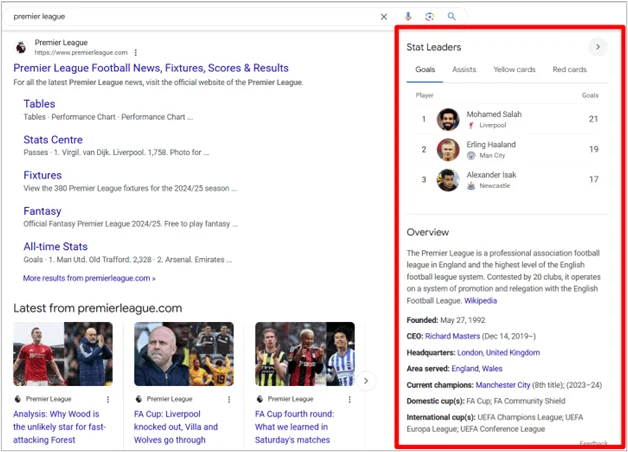 Capture d’écran du panneau de connaissances de la Premier League avec les statistiques, la vue d’ensemble et les détails de l’organisation.