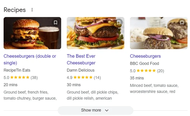 Google recipe rich results showing cheeseburger recipes with star ratings and ingredients
