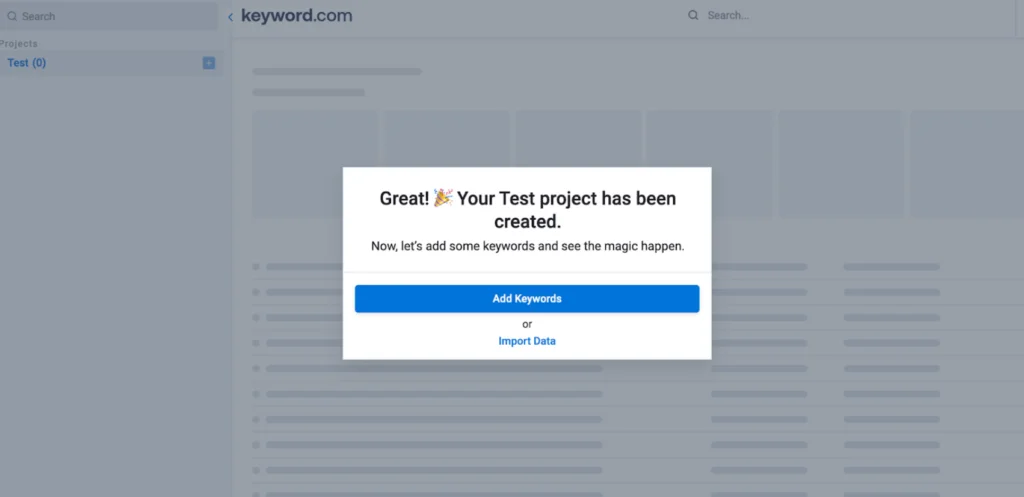 Activate Your Test Project in Keyword.com