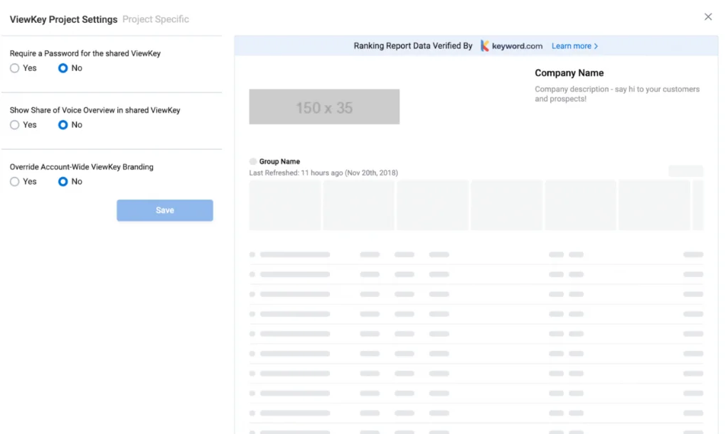 viewKey Project Settings in Keyword.com