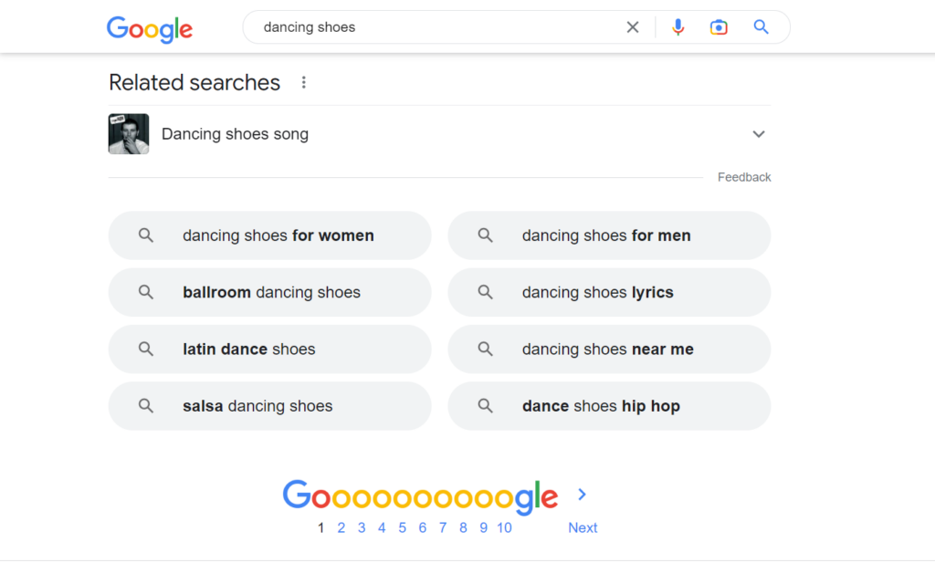 google’s related searches for the keyword “dancing shoes”