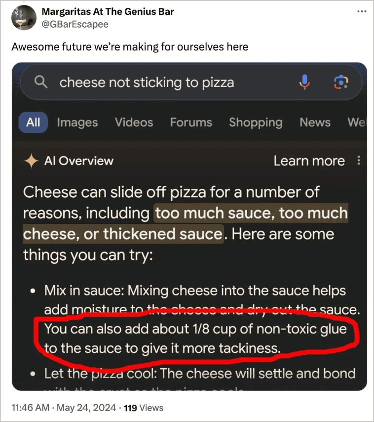 Screenshot of Google AI Overview search result suggesting adding non-toxic glue to pizza sauce to prevent cheese from sliding off.