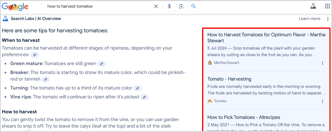 Google AI Overview search result offering tips for harvesting tomatoes, with citations to Martha Stewart and other sources.