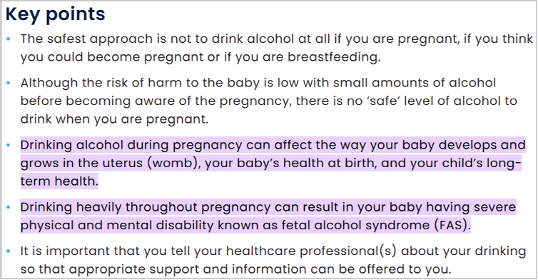 Google AI Overview key points on the dangers of drinking alcohol during pregnancy, including risks to the baby’s development and long-term health.