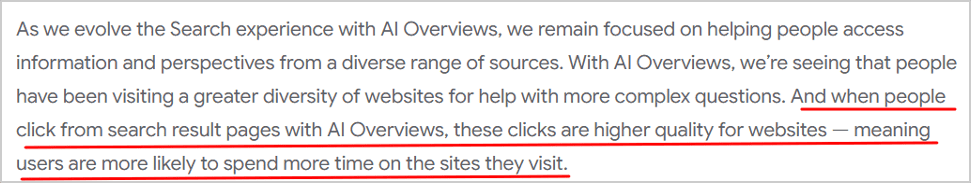 Google statement emphasizing that clicks from AI Overview search results lead to users spending more time on visited websites.