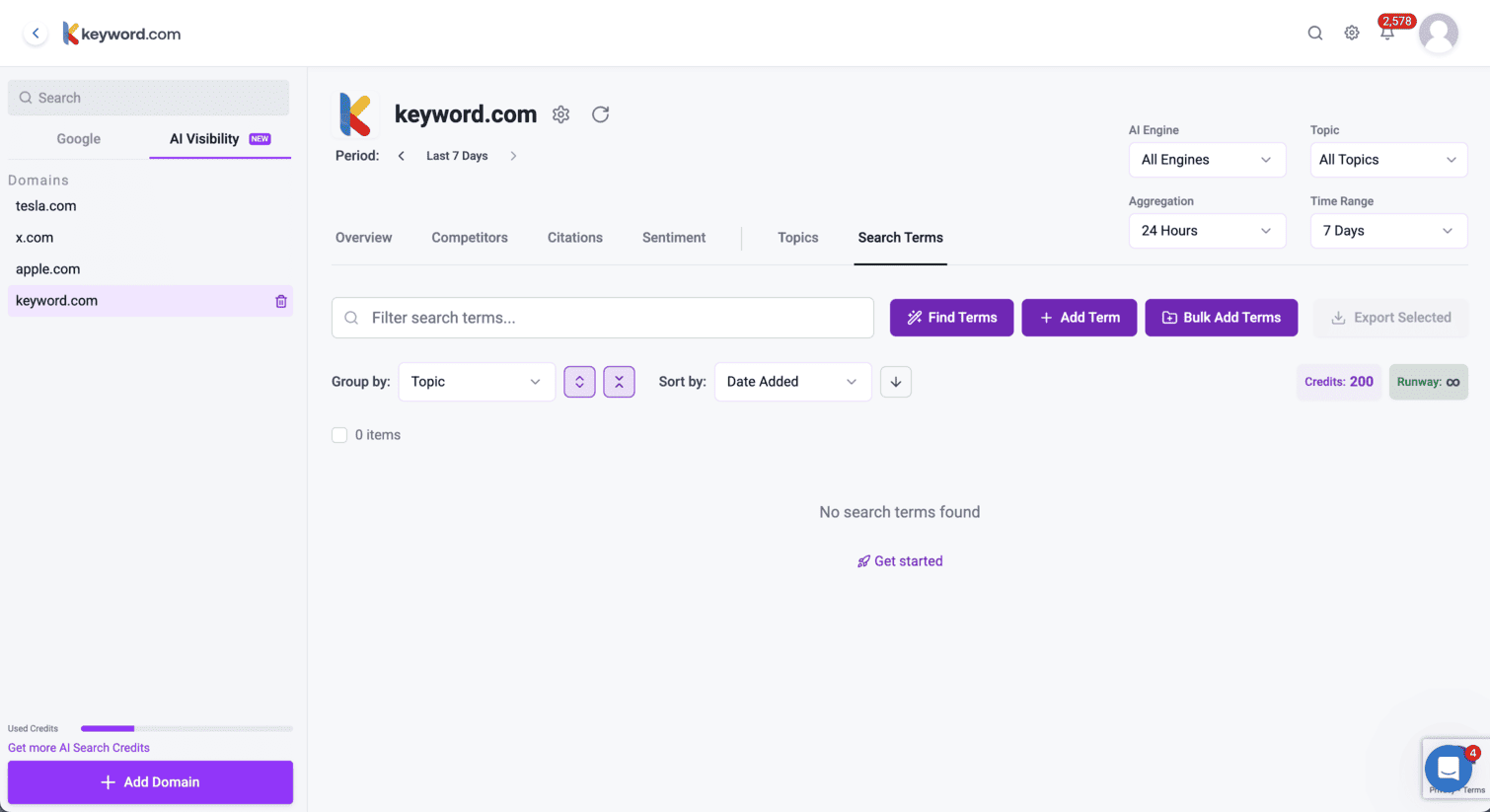 keyword.com ai visibility dashboard with domain selection and options to add domains for brand tracking