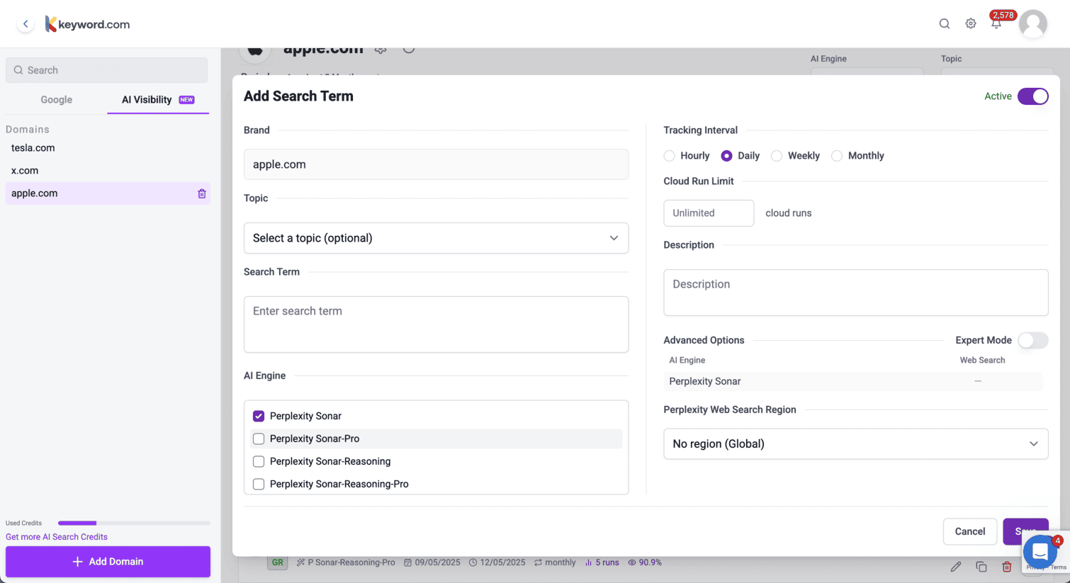 screenshot of the “add search term” panel in keyword.com for perplexity ai with tracking interval options