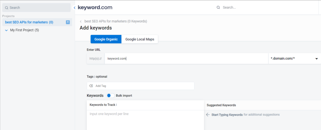 enter your domain name and manually input your keywords or upload them as a csv file