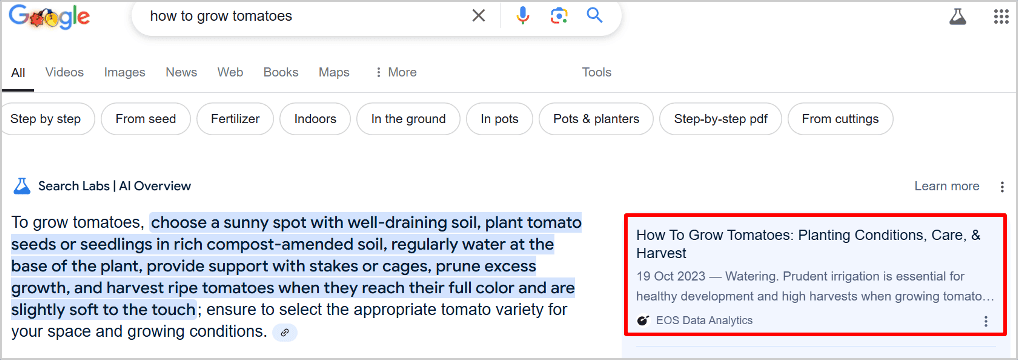 Google AI Overview search result for 'how to grow tomatoes,' providing step-by-step planting and care tips with a source citation from EOS Data Analytics.