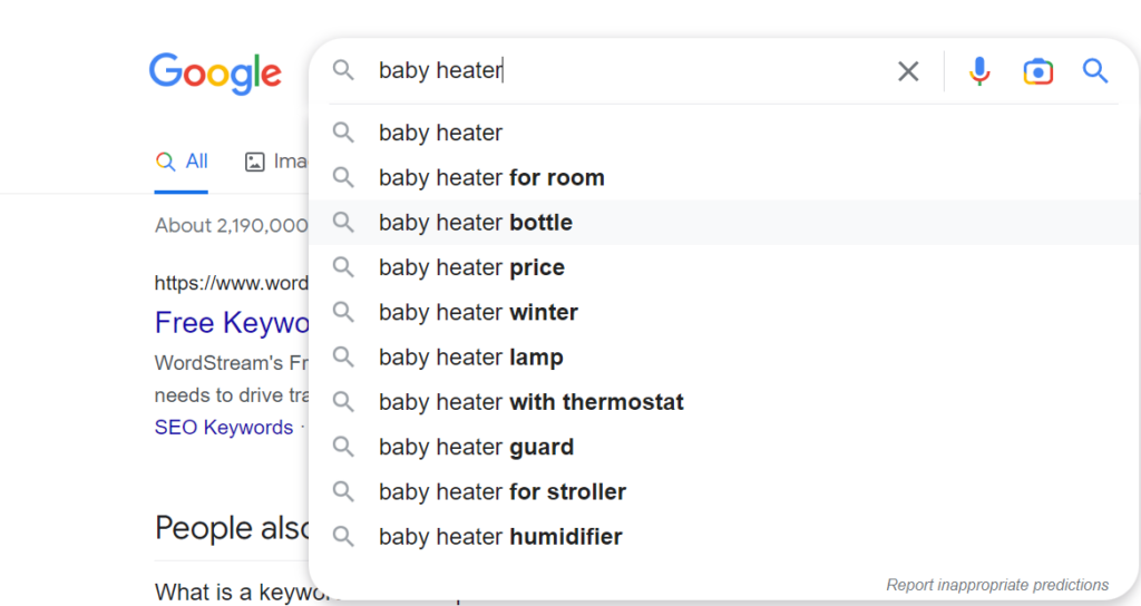 Google’s autocomplete suggestions for the keyword “baby heater”