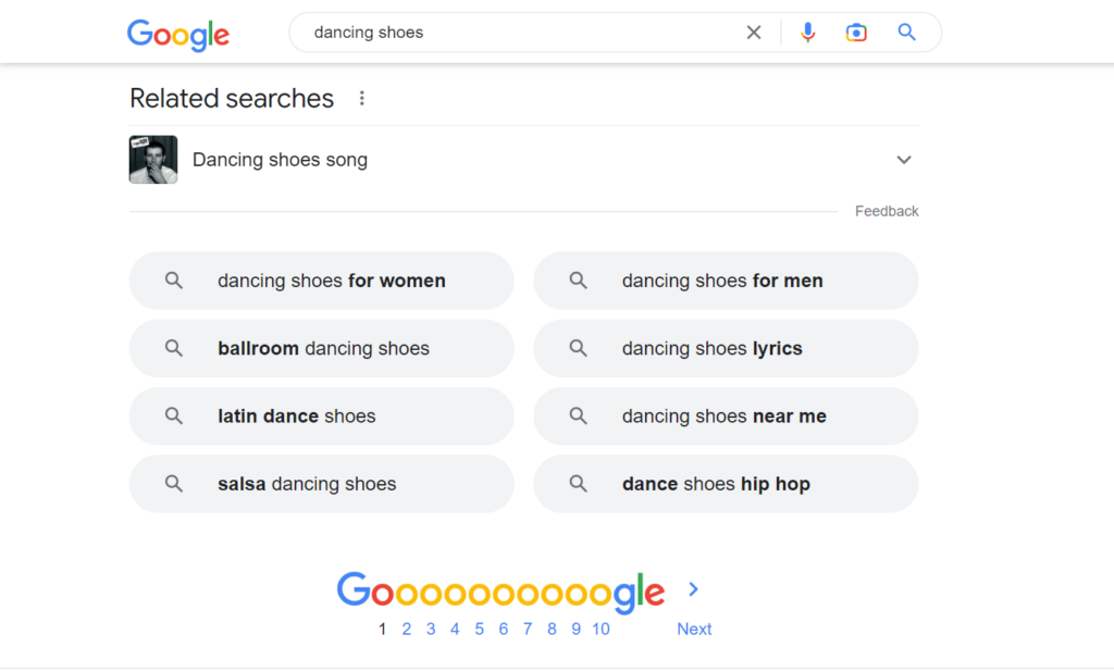 Google’s related searches for the keyword “dancing shoes”