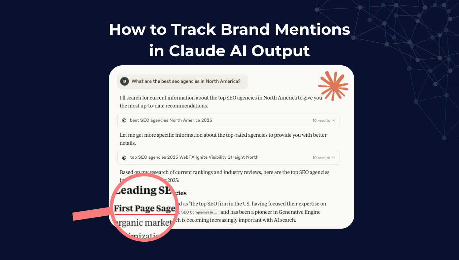 Screenshot showing Claude AI listing First Page Sage as a top SEO agency in response to a user query