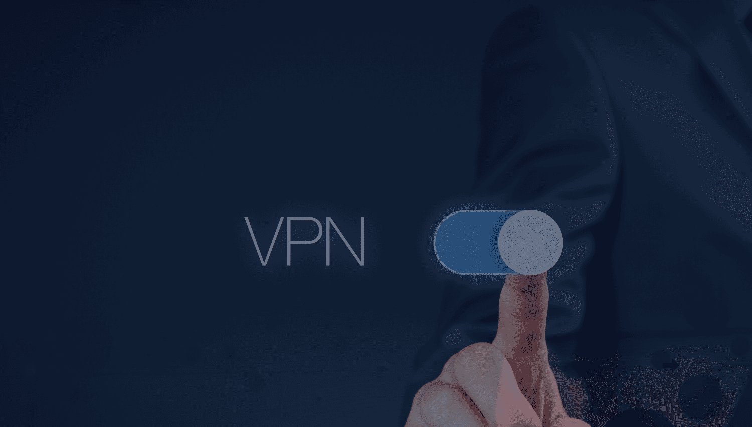 A person toggling a virtual switch labeled "VPN" with a blurred business suit in the background, symbolizing VPN activation for secure and anonymous internet browsing.