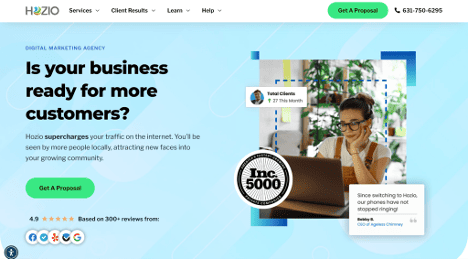 Screenshot of Hozio’s homepage showcasing local SEO services, customer testimonials, and Inc. 5000 recognition for digital growth strategies.