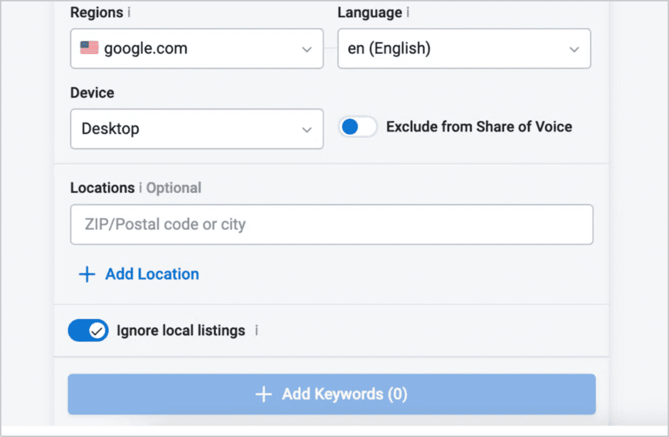 Screenshot of Keyword.com location selection feature, allowing users to enter ZIP codes or cities for location-based SEO analysis.