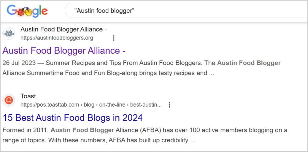 Screenshot of Google search results for "Austin food blogger," highlighting local food bloggers and relevant websites for local SEO.