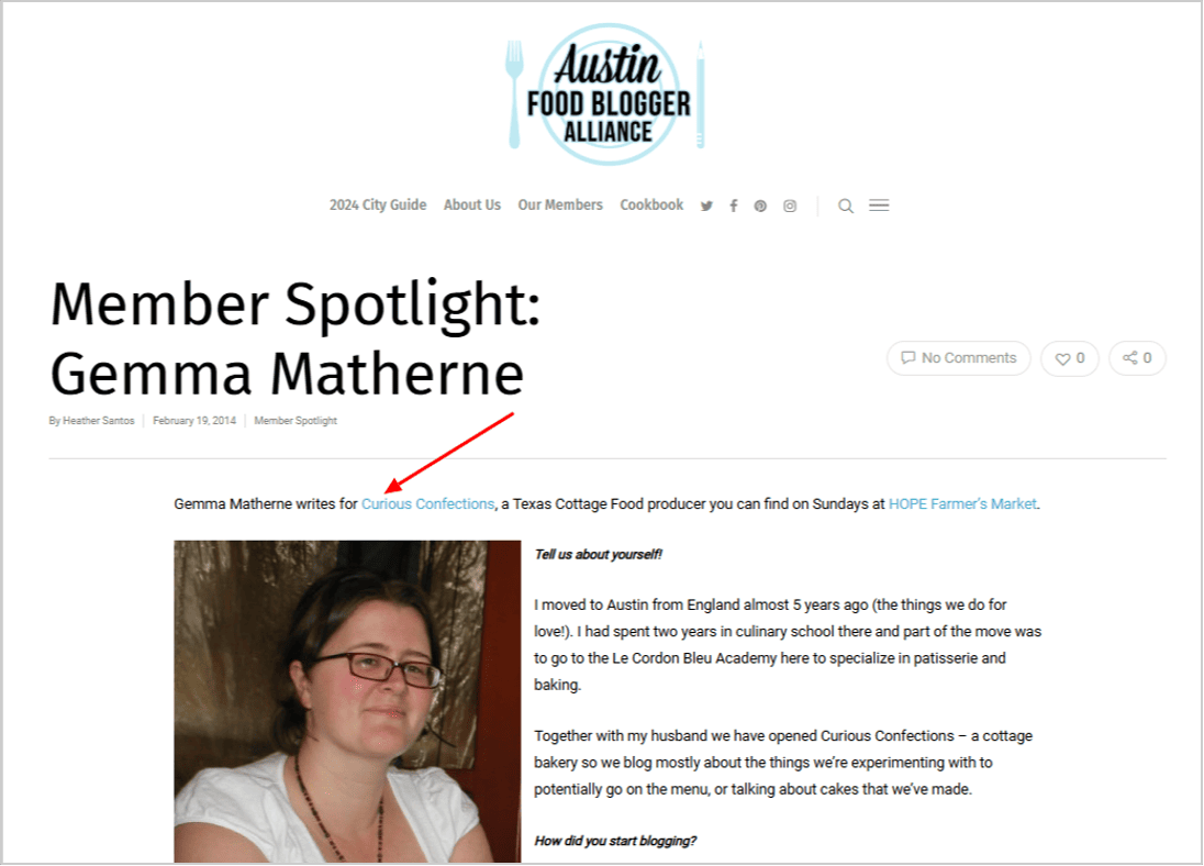 Screenshot from Austin Food Blogger Alliance highlighting Gemma Matherne’s profile and her blog, Curious Confections, as a Texas Cottage Food producer.