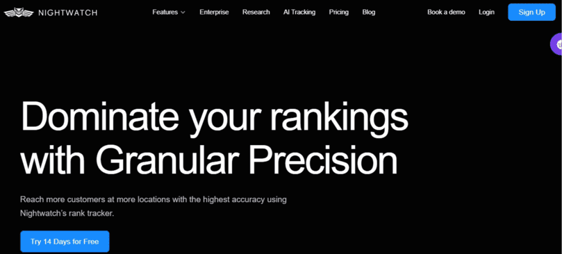Screenshot of Nightwatch’s homepage highlighting its granular rank tracking tools for improved SEO performance and customer insights.