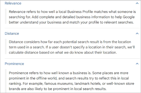 illustration of key factors influencing local search rankings: relevance, prominence, and distance, with optimization tips for gbp and on-page seo.