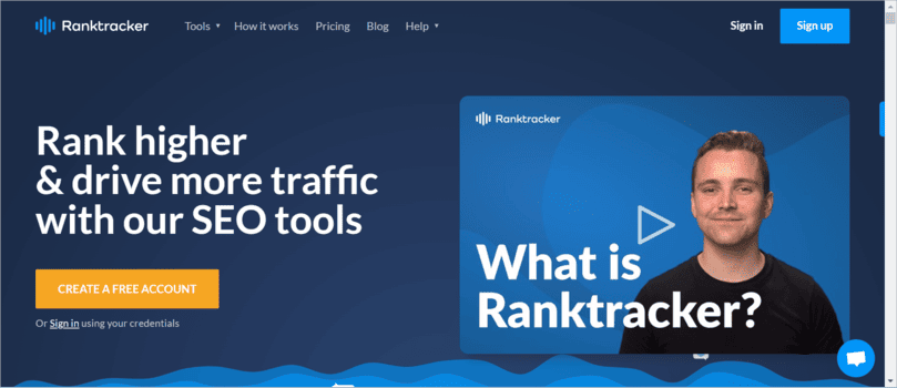 Screenshot of Ranktracker’s homepage featuring SEO tools for increasing website rankings and traffic, with a call-to-action to create a free account.