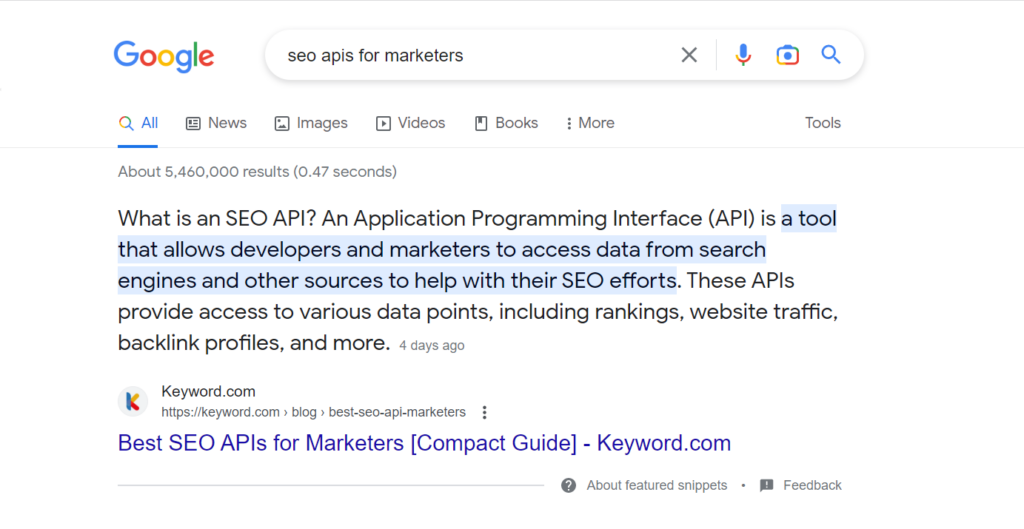 Result page for the keyword SEO APIs for marketers