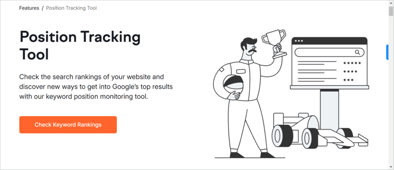 Screenshot of Semrush position tracking tool showing a playful illustration of a racer holding a trophy alongside features for keyword rankings monitoring.